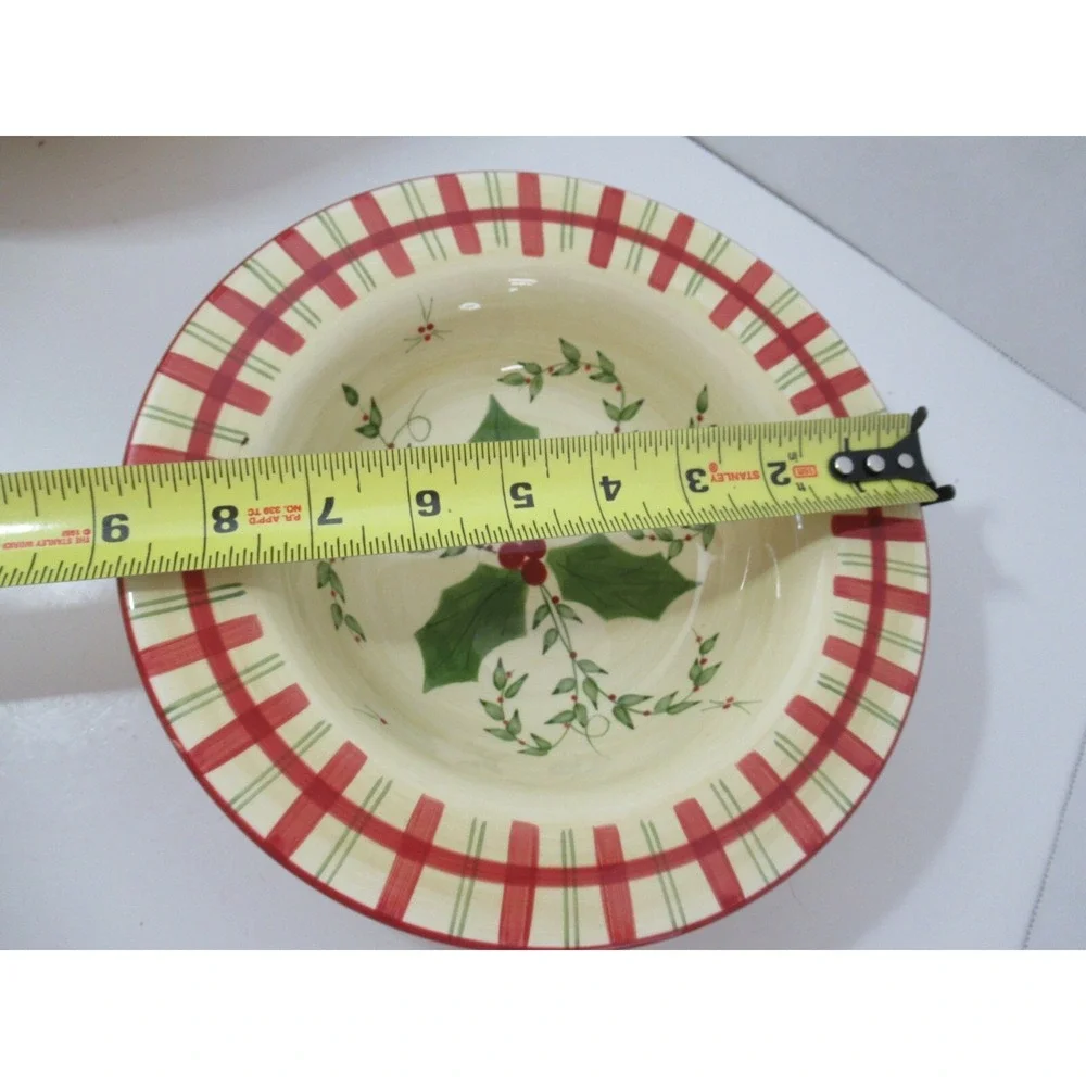 Los Angeles Pottery Laurie Gates design 2 soup bowls holly berries plaid‎ Xmas
